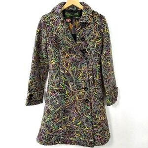 Desigual Wool Blend Coat Colorful Abstract Embroidered Statement Jacket